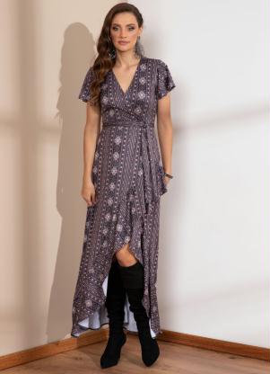 Vestido (Listras Pretas) Transpassado com Babado