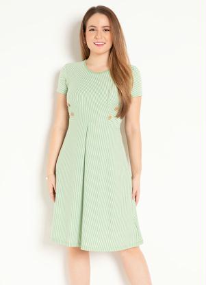 Vestido (Listras Verde) com Bot�es Moda Evang�lica