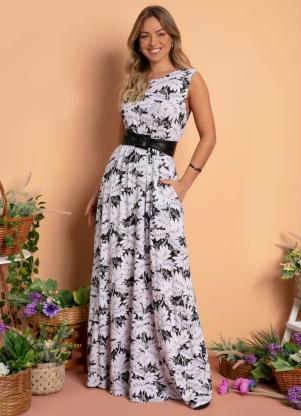 Vestido Longo (Floral P&B) com Bolsos e Fenda Vestido Longo (Floral P&B) com Bolsos e Fenda