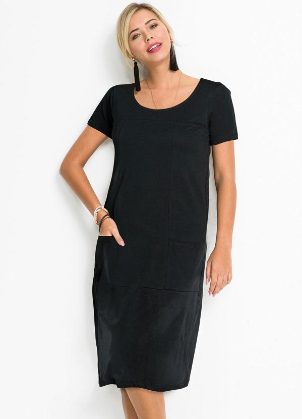 Vestido Manga Curta com Bolsos (Preto)