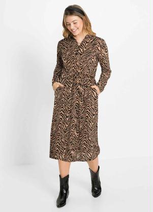 Vestido Manga Longa Animal Print (Bege/Preto)