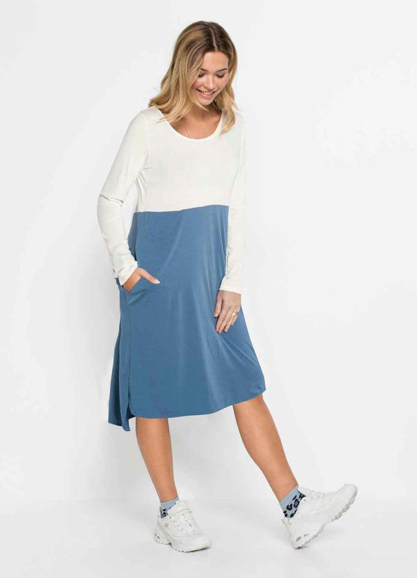 Vestido Manga Longa com Bolsos (Off White/Azul)