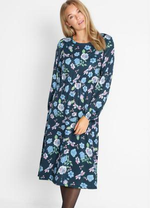 Vestido Manga Longa com El�stico (Floral Azul)