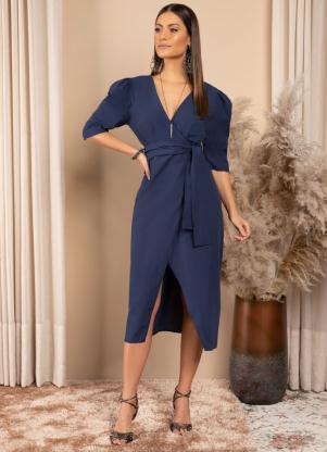 Vestido (Marinho) com Transpasse e Mangas Bufantes Vestido (Marinho) com Transpasse e Mangas Bufantes