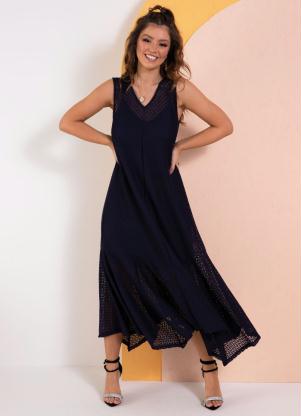 Vestido (Marinho) em Renda com Barra Assim�trica