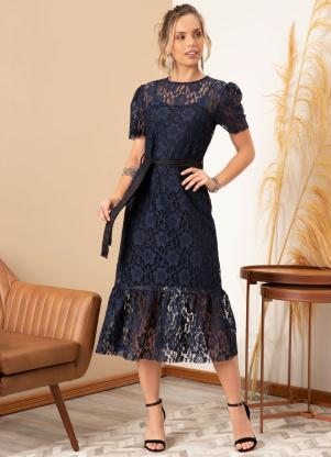 Vestido (Marinho) Mangas Curtas com Babado e Faixa Vestido (Marinho) Mangas Curtas com Babado e Faixa