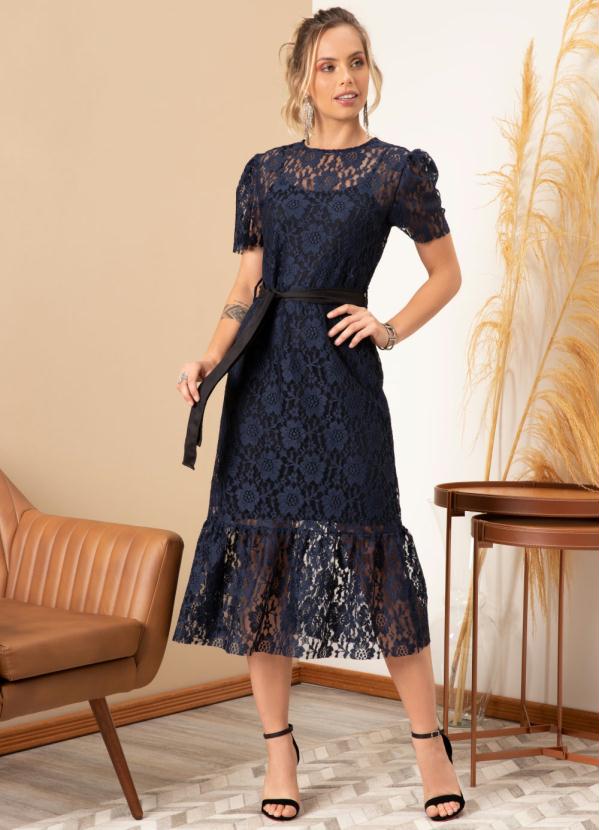 Vestido (Marinho) Mangas Curtas com Babado e Faixa Vestido (Marinho) Mangas Curtas com Babado e Faixa