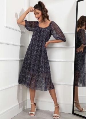 Vestido Midi (Animal Print Preto) em Tule