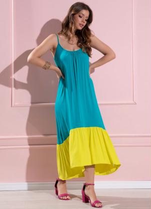 Vestido Midi Bicolor (Turquesa e Lima) Mullet