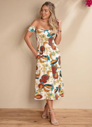 Vestido Midi (Boho Bege) Ciganinha com Bolsos