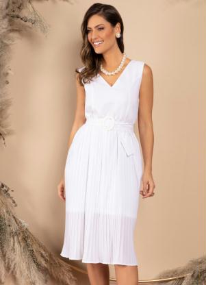 Vestido Midi (Branco) com Saia Plissada Vestido Midi (Branco) com Saia Plissada