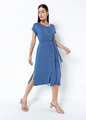 Vestido Midi com Decote V (Azul) Vestido Midi com Decote V (Azul)