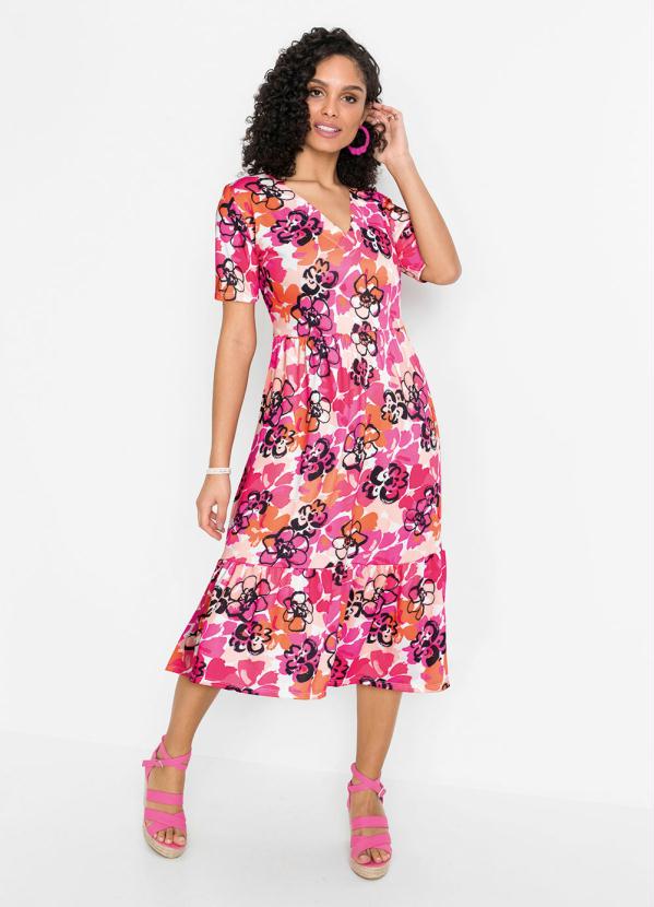 Vestido Midi com Decote V (Floral Rosa)