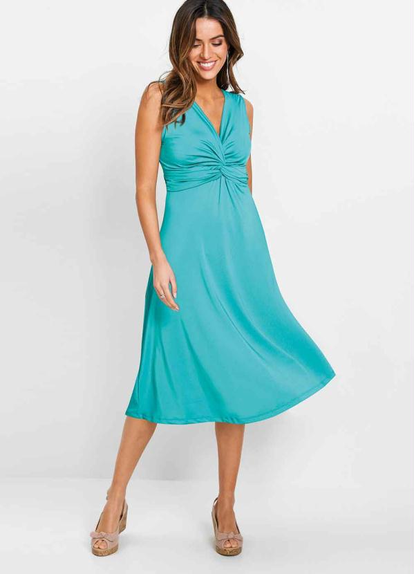 Vestido Midi com Decote V (Verde Turquesa)