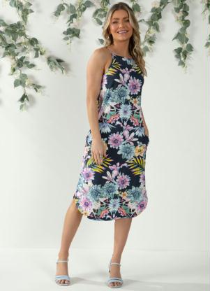 Vestido Midi (Floral Marinho) Barra Arredondada