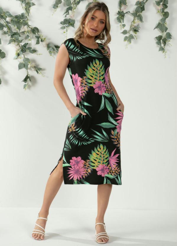 Vestido Midi (Floral Preto) com Bolsos e Fendas Vestido Midi (Floral Preto) com Bolsos e Fendas