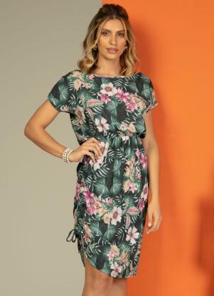 Vestido Midi (Floral Preto)Com Franzido na Lateral Vestido Midi (Floral Preto)Com Franzido na Lateral