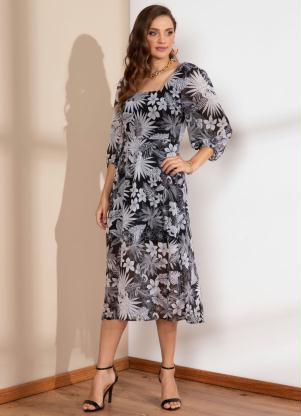 Vestido Midi (Floral Preto) com Mangas 3/4