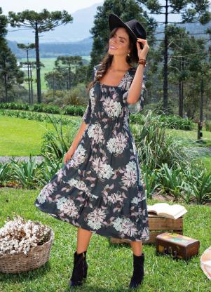 Vestido Midi(Floral Rosado) Decote Quadrado Vestido Midi(Floral Rosado) Decote Quadrado
