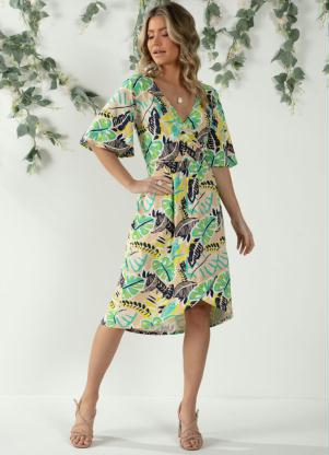 Vestido Midi (Folhagem Bege) com Saia Tulipa Vestido Midi (Folhagem Bege) com Saia Tulipa