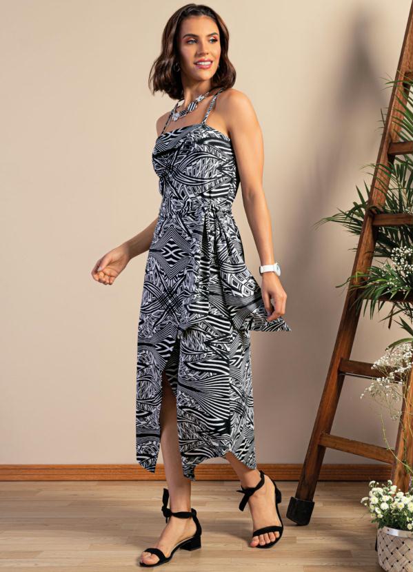 Vestido Midi (Geométrico P&B) com Faixa Vestido Midi (Geométrico P&B) com Faixa