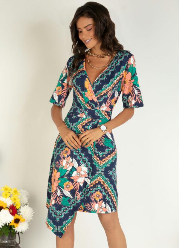 Vestido Midi (Lenço Marinho) com Barra Assimétrica Vestido Midi (Lenço Marinho) com Barra Assimétrica