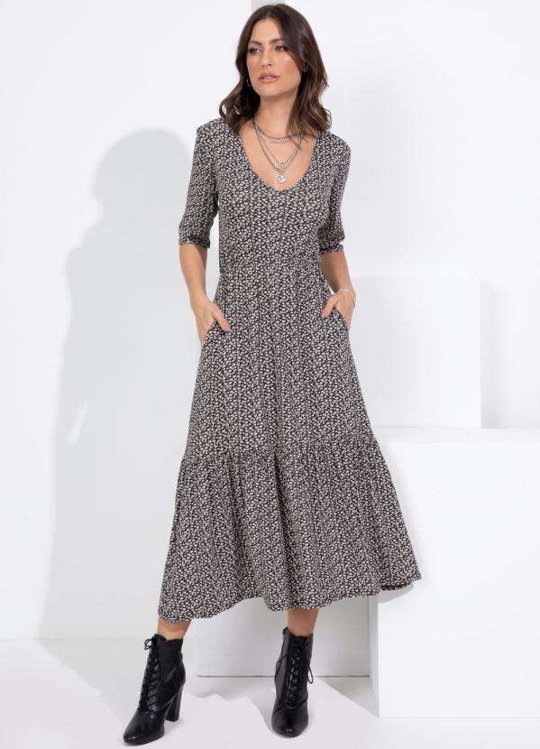 Vestido Midi (Margaridas) com Babados e Bolsos Vestido Midi (Margaridas) com Babados e Bolsos