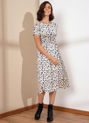 Vestido Midi (On�a Bege) com Bot�es