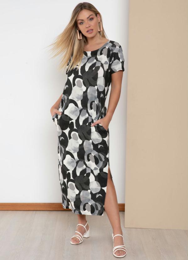 Vestido Midi Reto (Manchas Cinzas) com Fendas