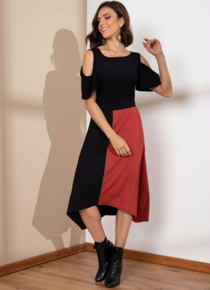 Vestido Mullet (Preto e Telha) com Ombros a Mostra