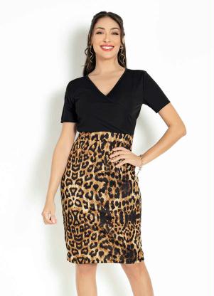 Vestido (On�a Marrom) com Decote Transpassado