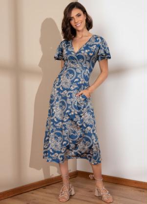 Vestido (Paisley Dourado) Decote Transpassado