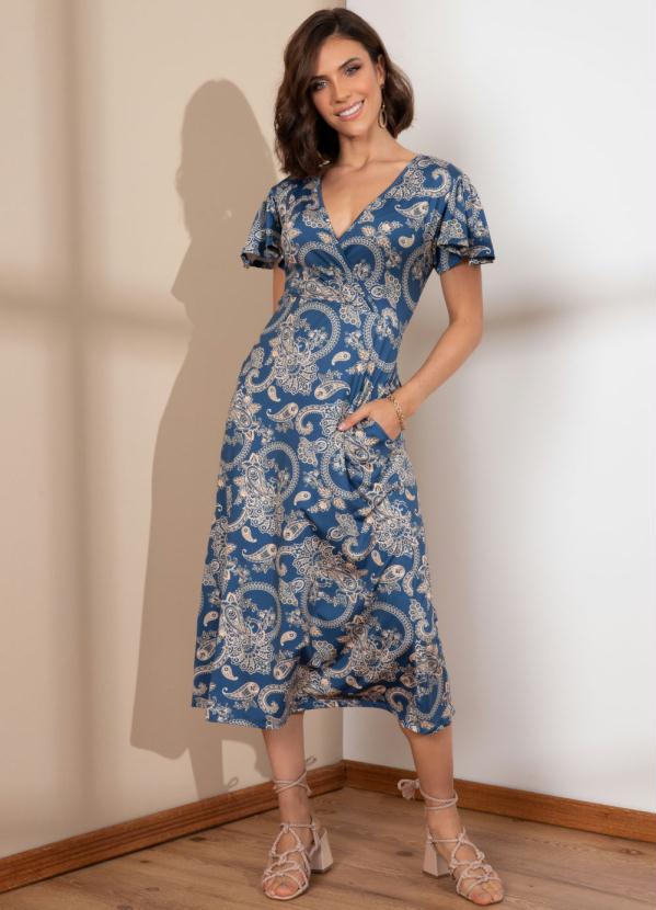 Vestido (Paisley Dourado) Decote Transpassado