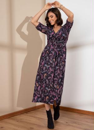 Vestido (Paisley Preto) Transpassado Mangas 3/4 Vestido (Paisley Preto) Transpassado Mangas 3/4