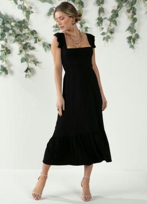 Vestido (Preto) Decote Quadrado com Babados