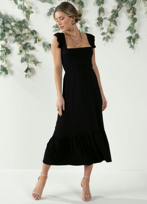 Vestido (Preto) Decote Quadrado com Babados