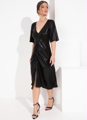 Vestido (Preto Metalizado) com Franzido