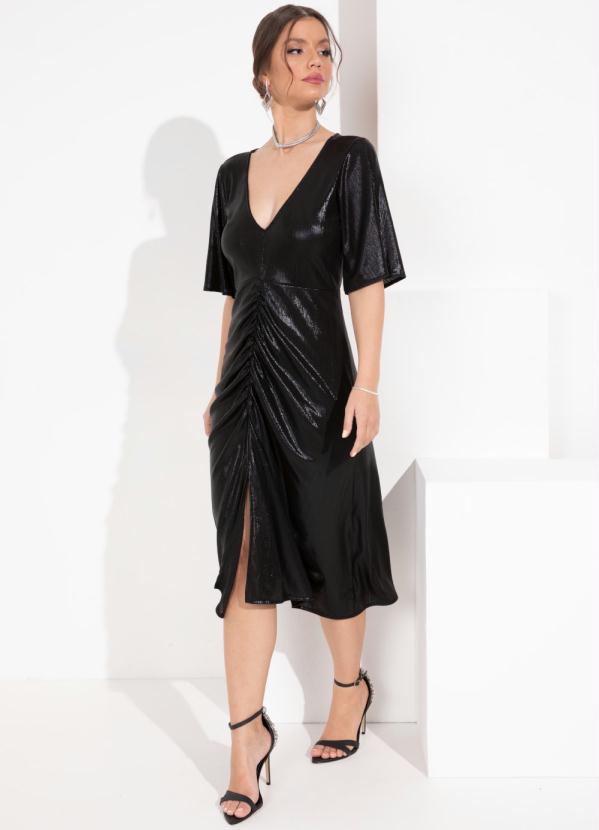 Vestido (Preto Metalizado) com Franzido