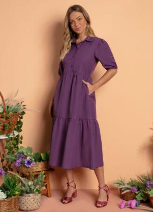 Vestido (Roxo) Midi com Gola e Franzidos