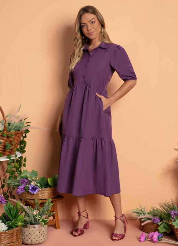 Vestido (Roxo) Midi com Gola e Franzidos