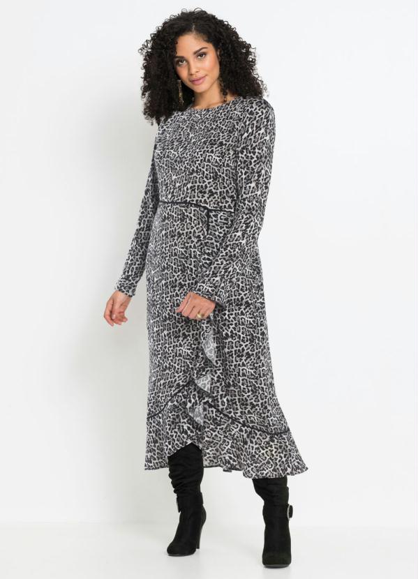 Vestido Transpassado com Babados (On�a Cinza)