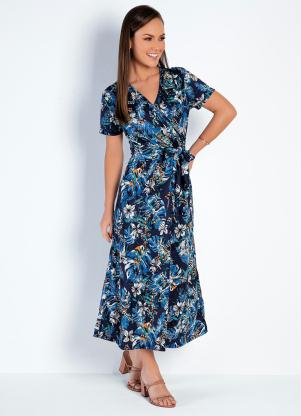 Vestido Transpassado (Floral Azul) Moda Evang�lica