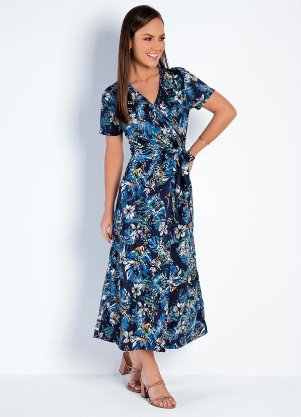 Vestido Transpassado (Floral Azul) Moda Evang�lica