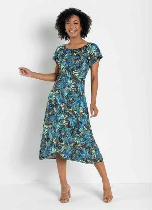Vestido Transpassado (Folhas Azul) Moda Evang�lica