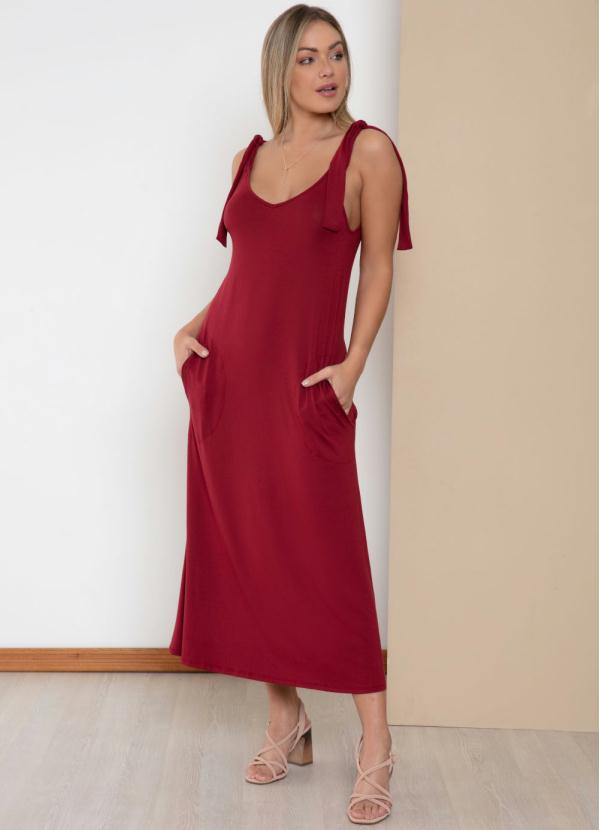 Vestido (Vermelho) com Al�as para Amarrar e Bolsos