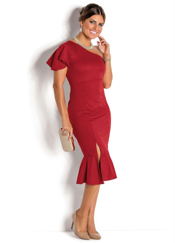 vestido midi ombro a ombro vermelho