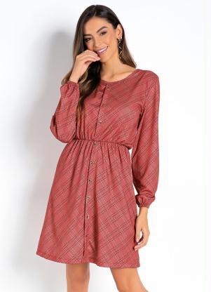 Vestido (Xadrez Ferrugem) com Bot�es Decorativos
