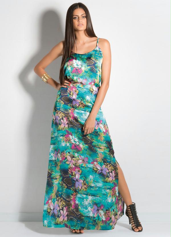 vestido longo floral com fenda lateral