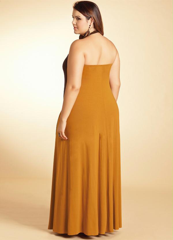 vestido longo cor mostarda