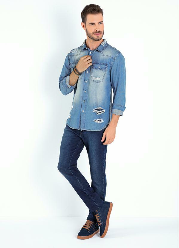 Camisa Jeans com Efeito Destroyed e Manga Longa - Actual